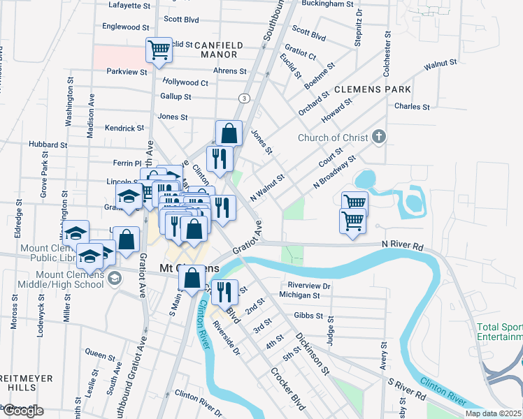 map of restaurants, bars, coffee shops, grocery stores, and more near 140 Northbound Gratiot Avenue in Mount Clemens