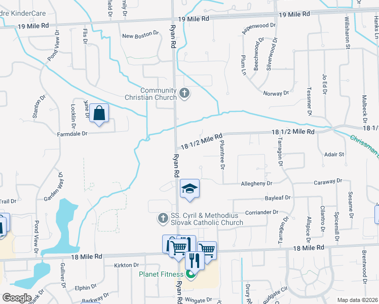map of restaurants, bars, coffee shops, grocery stores, and more near 4068 18 1/2 Mile Road in Sterling Heights