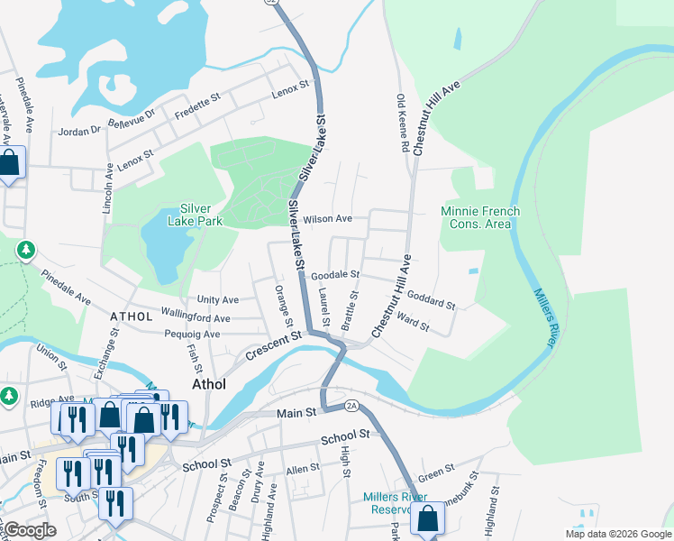 map of restaurants, bars, coffee shops, grocery stores, and more near 88 Goodale Street in Athol