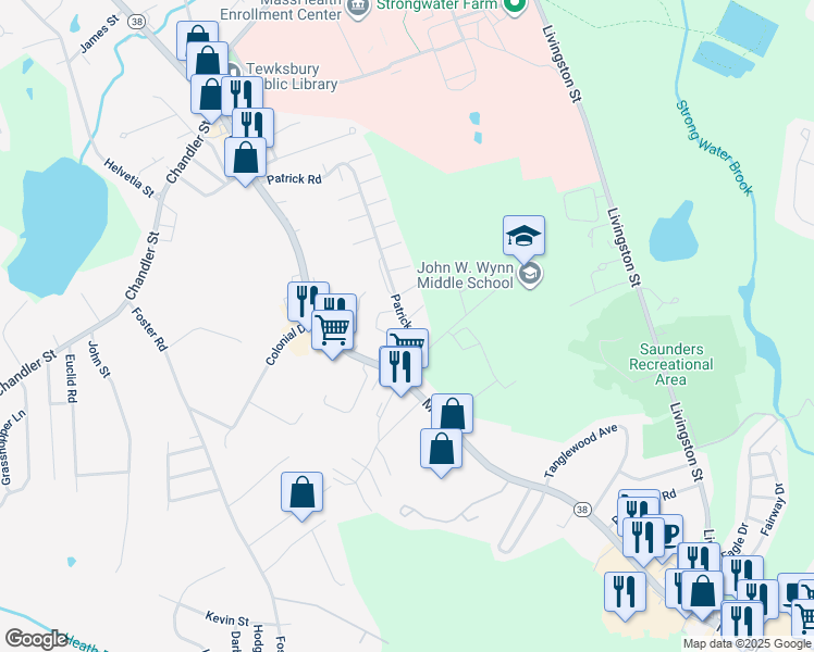 map of restaurants, bars, coffee shops, grocery stores, and more near 187 Patrick Road in Tewksbury