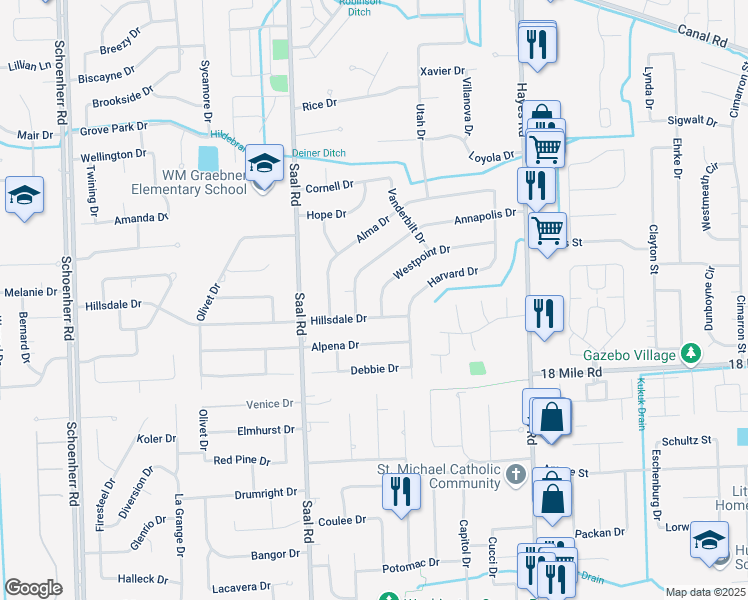 map of restaurants, bars, coffee shops, grocery stores, and more near 14733 Westpoint Drive in Sterling Heights