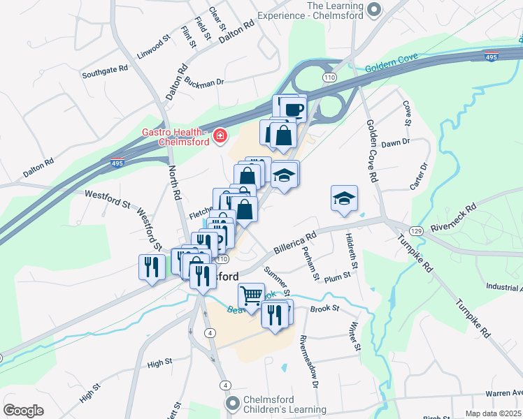 map of restaurants, bars, coffee shops, grocery stores, and more near 63 Chelmsford Street in Chelmsford