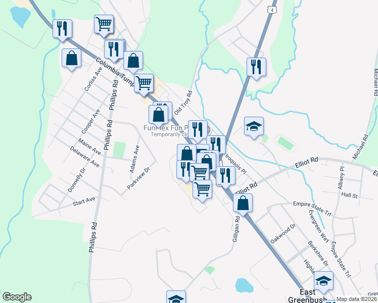 map of restaurants, bars, coffee shops, grocery stores, and more near 576-590 U.S. 20 in East Greenbush