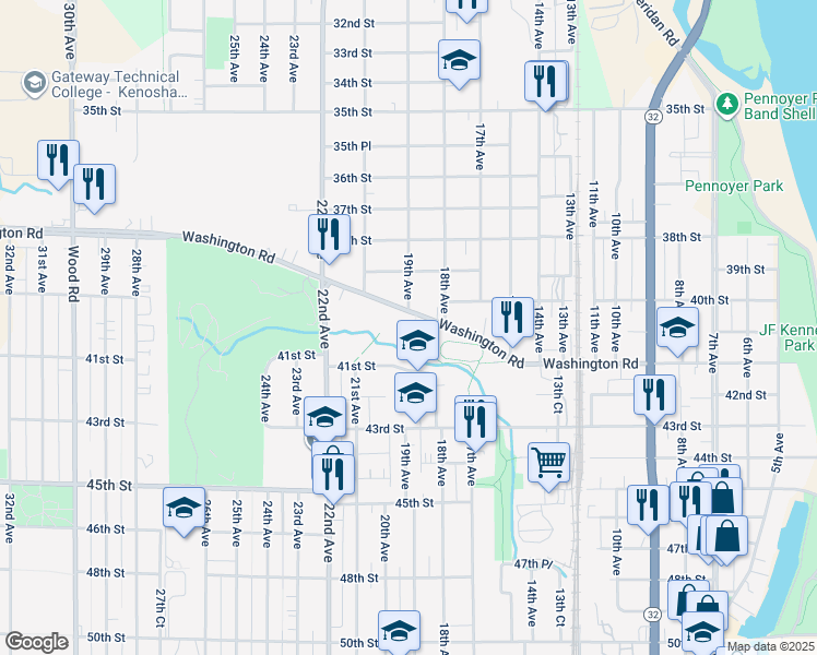 map of restaurants, bars, coffee shops, grocery stores, and more near 1821 Washington Road in Kenosha