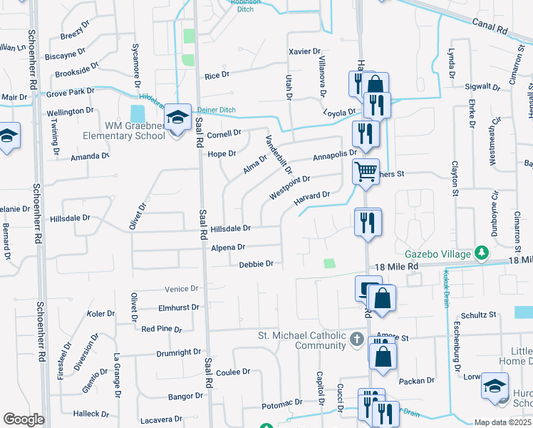 map of restaurants, bars, coffee shops, grocery stores, and more near 14733 Westpoint Drive in Sterling Heights