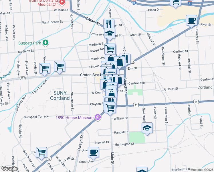 map of restaurants, bars, coffee shops, grocery stores, and more near 38 Main Street in Cortland