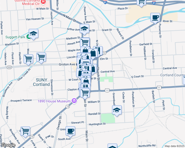 map of restaurants, bars, coffee shops, grocery stores, and more near 31 Central Avenue in Cortland
