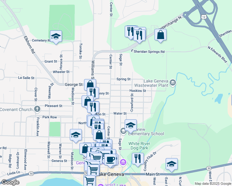 map of restaurants, bars, coffee shops, grocery stores, and more near 614 Haskins Street in Lake Geneva
