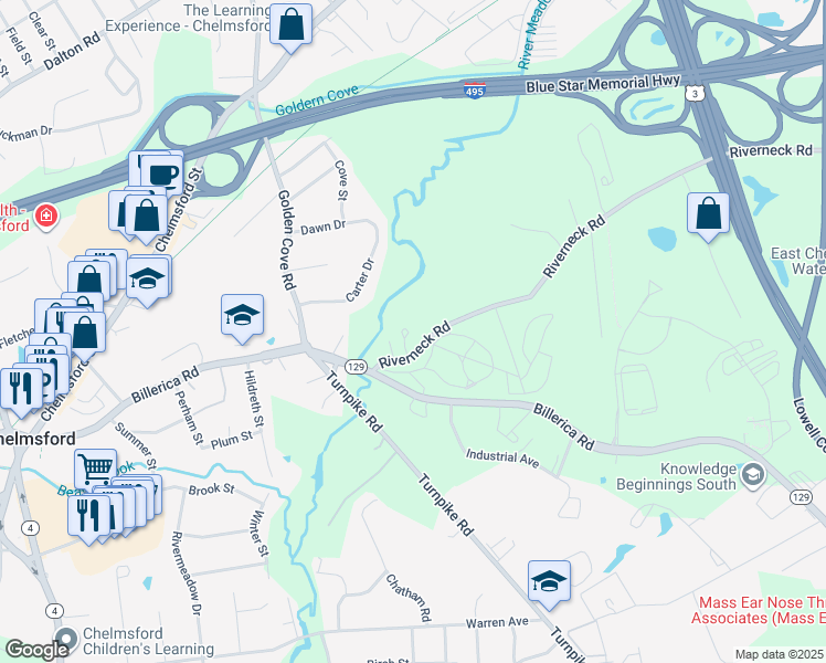map of restaurants, bars, coffee shops, grocery stores, and more near 5 Collins Circle in Chelmsford