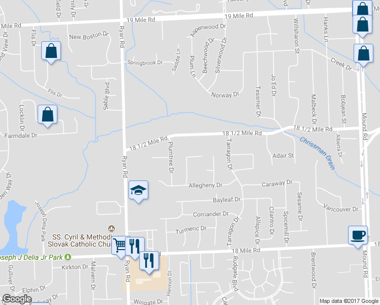 map of restaurants, bars, coffee shops, grocery stores, and more near 4451 Kelly Drive in Sterling Heights
