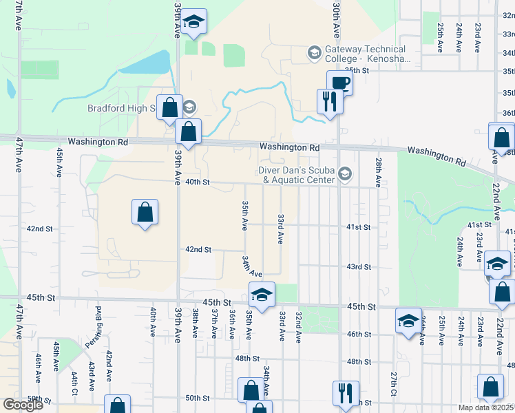 map of restaurants, bars, coffee shops, grocery stores, and more near 4034 34th Avenue in Kenosha