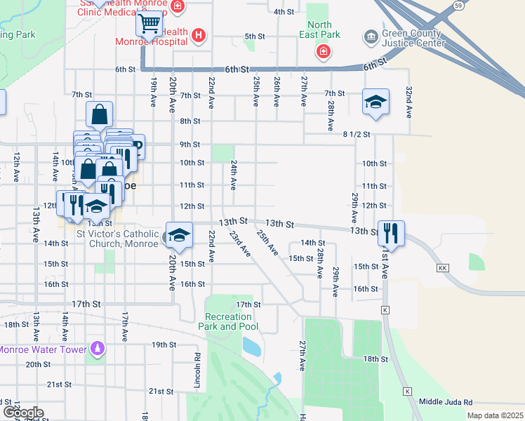 map of restaurants, bars, coffee shops, grocery stores, and more near 2508 12th Street in Monroe