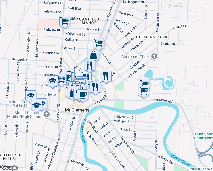 map of restaurants, bars, coffee shops, grocery stores, and more near 140 Northbound Gratiot Avenue in Mount Clemens