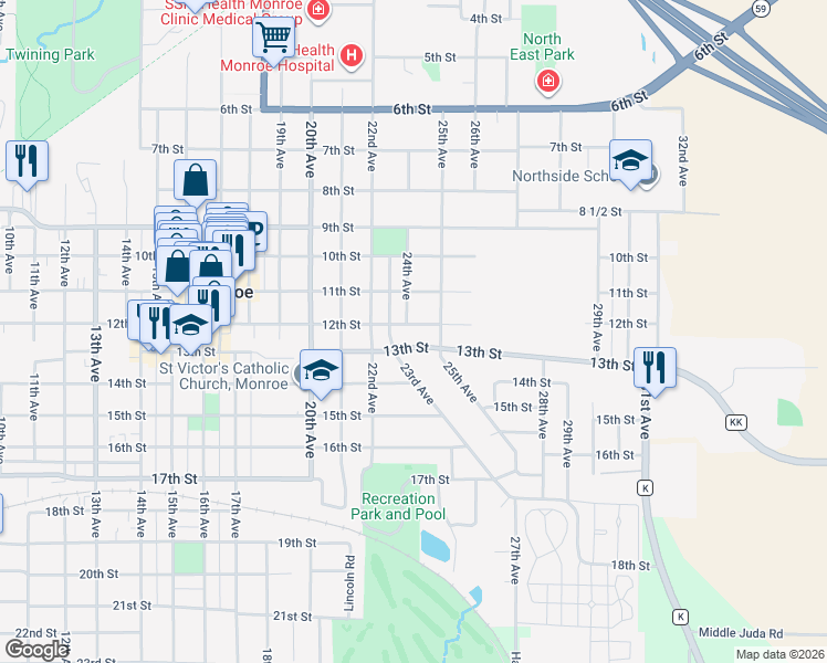 map of restaurants, bars, coffee shops, grocery stores, and more near 2404 12th Street in Monroe