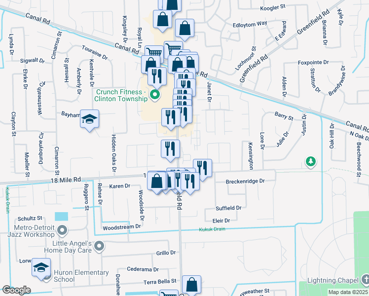 map of restaurants, bars, coffee shops, grocery stores, and more near 41200 Garfield Road in Clinton Township