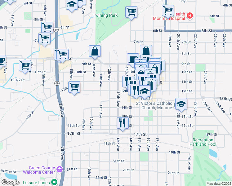 map of restaurants, bars, coffee shops, grocery stores, and more near 1205 13th Avenue in Monroe