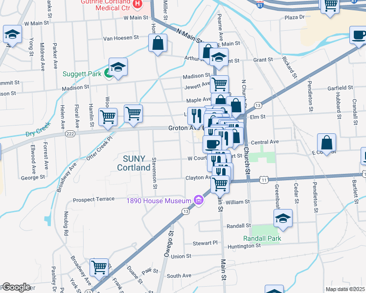map of restaurants, bars, coffee shops, grocery stores, and more near 15 Pleasant Street in Cortland