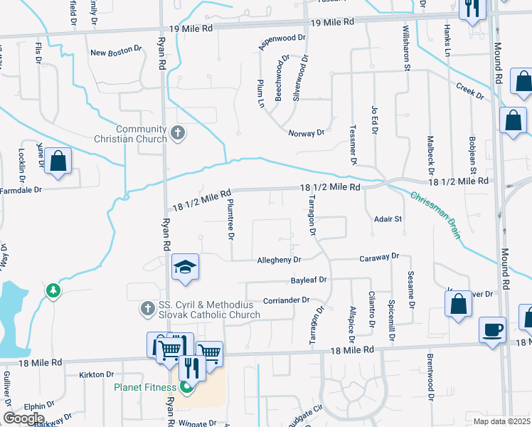 map of restaurants, bars, coffee shops, grocery stores, and more near 4451 Kelly Drive in Sterling Heights