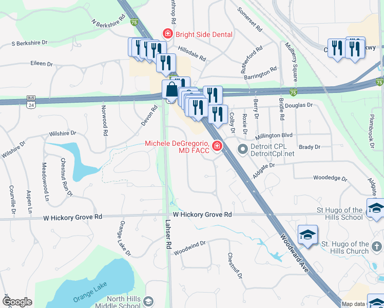 map of restaurants, bars, coffee shops, grocery stores, and more near 2735 Colonial Way in Bloomfield Hills
