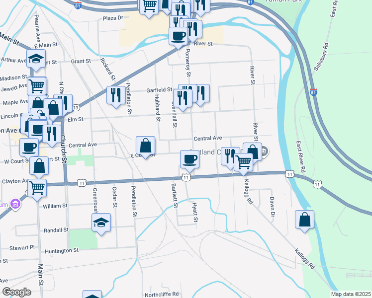 map of restaurants, bars, coffee shops, grocery stores, and more near 70 Pomeroy Street in Cortland