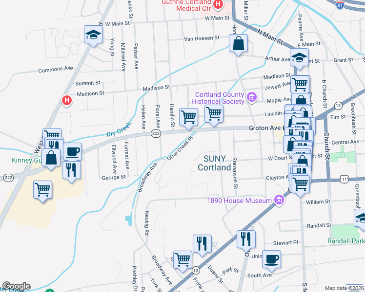 map of restaurants, bars, coffee shops, grocery stores, and more near 19 Otter Creek Place in Cortland