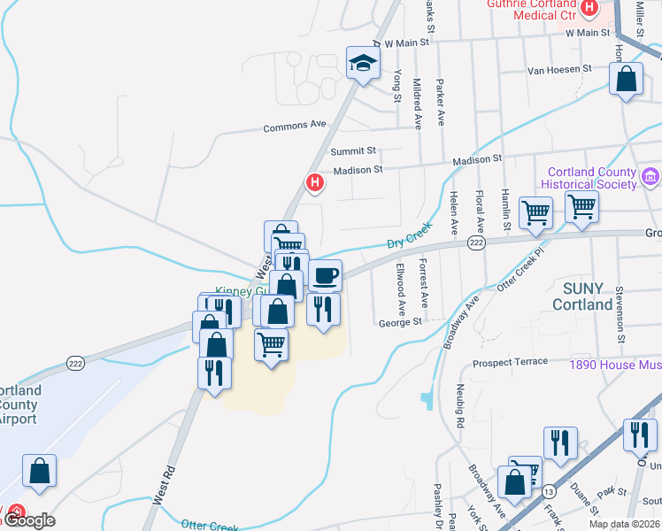map of restaurants, bars, coffee shops, grocery stores, and more near 214 Groton Ave in Cortland