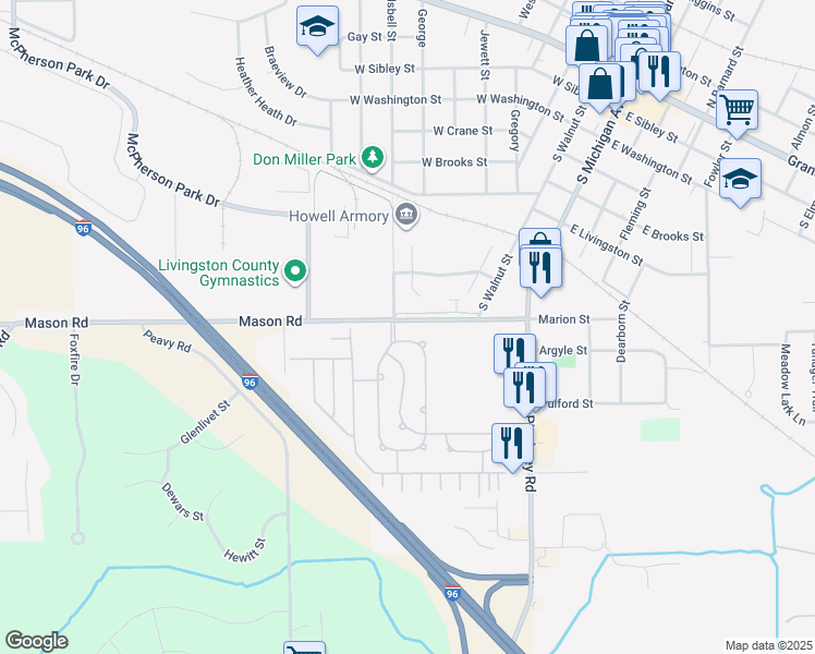 map of restaurants, bars, coffee shops, grocery stores, and more near 137 East Legrand Street in Howell