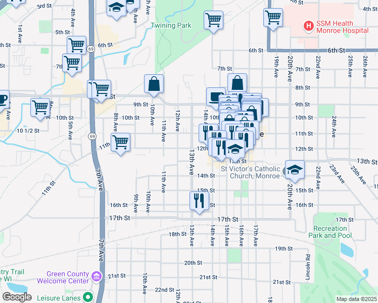 map of restaurants, bars, coffee shops, grocery stores, and more near 1205 13th Avenue in Monroe