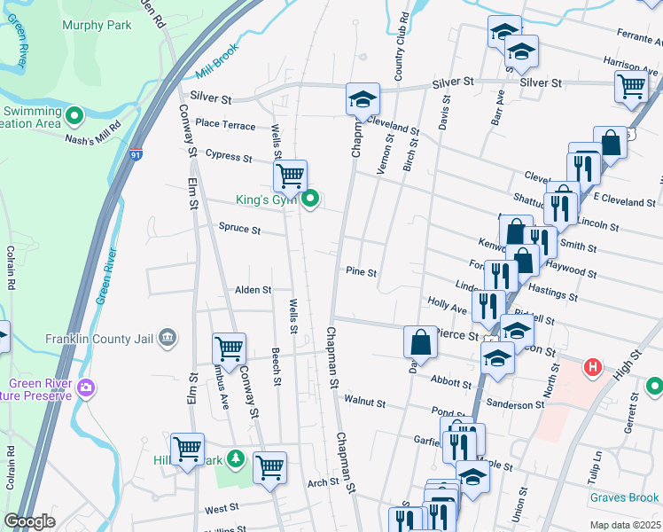 map of restaurants, bars, coffee shops, grocery stores, and more near 292 Chapman Street in Greenfield