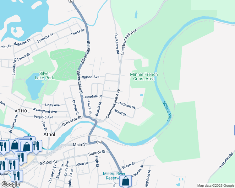 map of restaurants, bars, coffee shops, grocery stores, and more near 458 Chestnut Hill Avenue in Athol