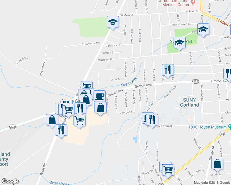 map of restaurants, bars, coffee shops, grocery stores, and more near Groton Ave & Atkins Ave in Cortland