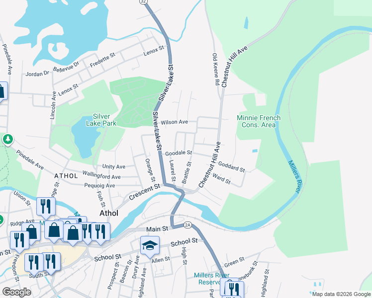 map of restaurants, bars, coffee shops, grocery stores, and more near 88 Goodale Street in Athol