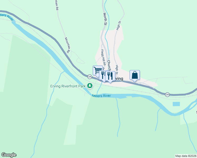 map of restaurants, bars, coffee shops, grocery stores, and more near 2 Hanson Court in Erving