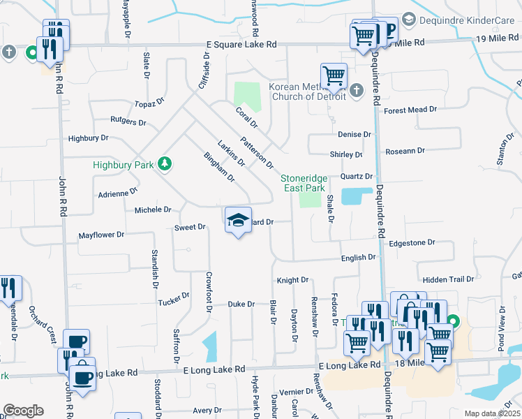 map of restaurants, bars, coffee shops, grocery stores, and more near 2408 Highbury Drive in Troy