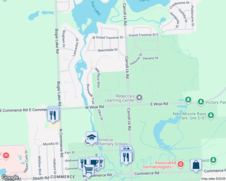 map of restaurants, bars, coffee shops, grocery stores, and more near 5294 Weston Court in Commerce Charter Township