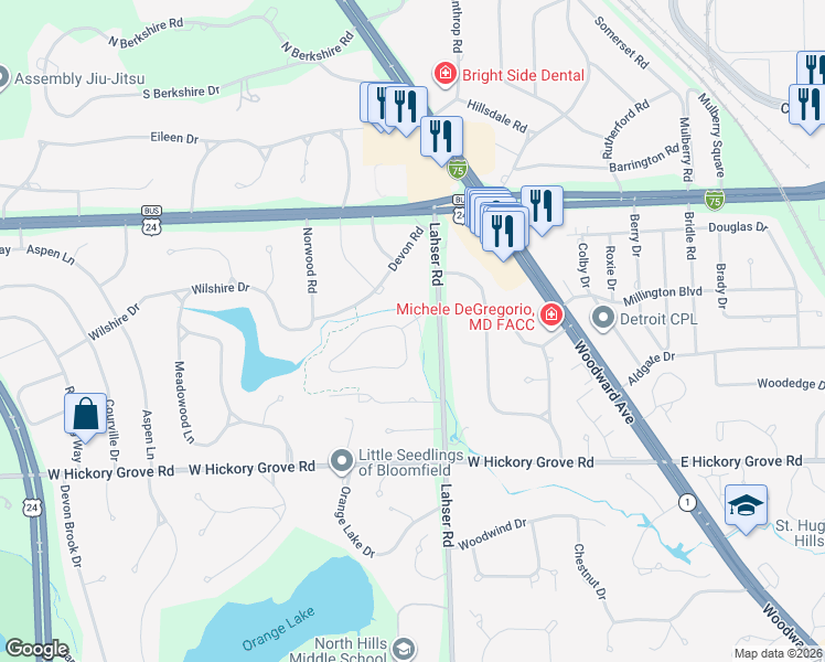 map of restaurants, bars, coffee shops, grocery stores, and more near 184 Timber Trace Lane in Oakland County