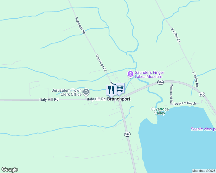 map of restaurants, bars, coffee shops, grocery stores, and more near 3390 Guyanoga Rd in Branchport