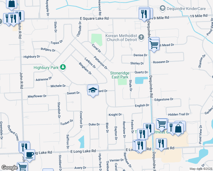 map of restaurants, bars, coffee shops, grocery stores, and more near 2408 Highbury Drive in Troy
