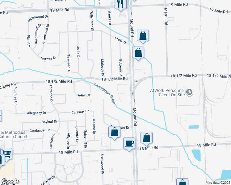 map of restaurants, bars, coffee shops, grocery stores, and more near 41819 Alberta Drive in Sterling Heights