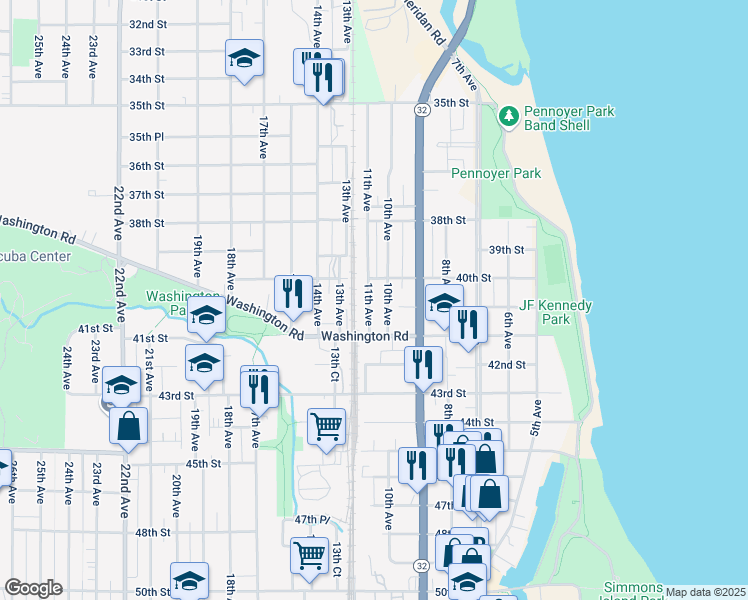 map of restaurants, bars, coffee shops, grocery stores, and more near 4021 11th Avenue in Kenosha
