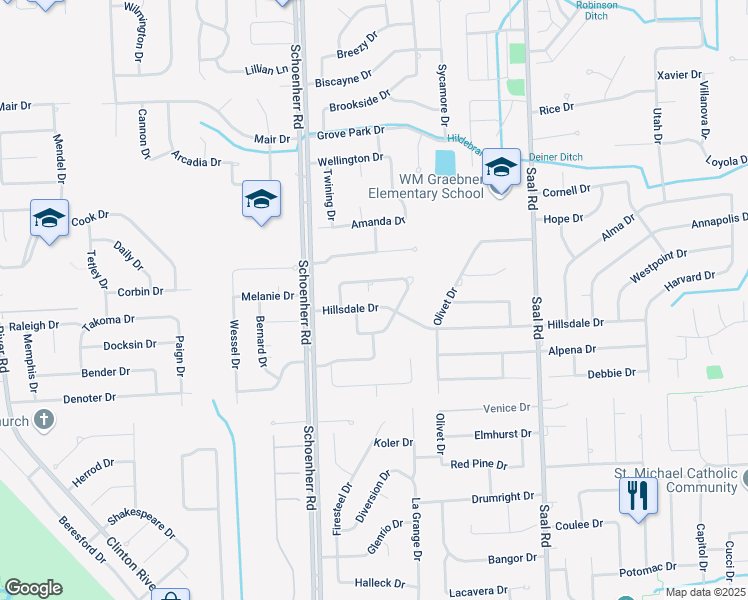 map of restaurants, bars, coffee shops, grocery stores, and more near 13777 Hillsdale Drive in Sterling Heights