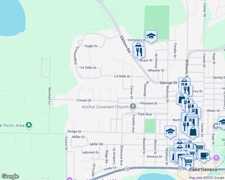 map of restaurants, bars, coffee shops, grocery stores, and more near 901 Badger Ln in Lake Geneva