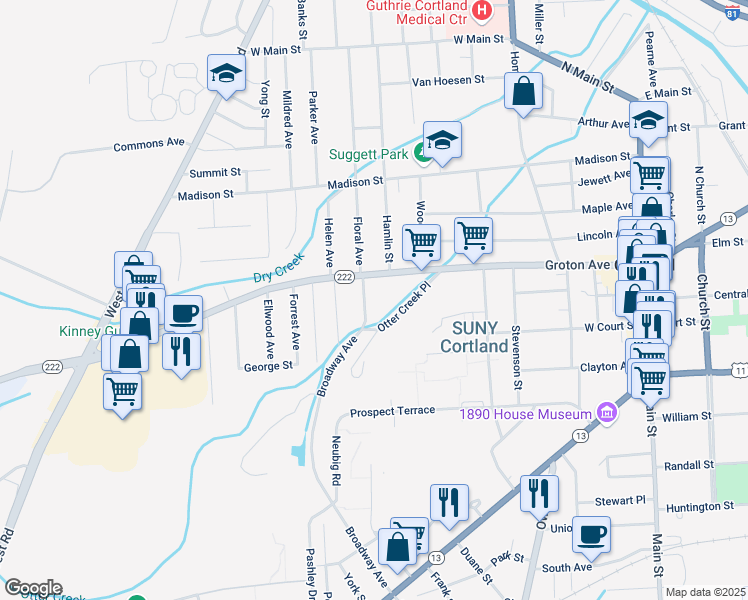 map of restaurants, bars, coffee shops, grocery stores, and more near 7 Townley Avenue in Cortland