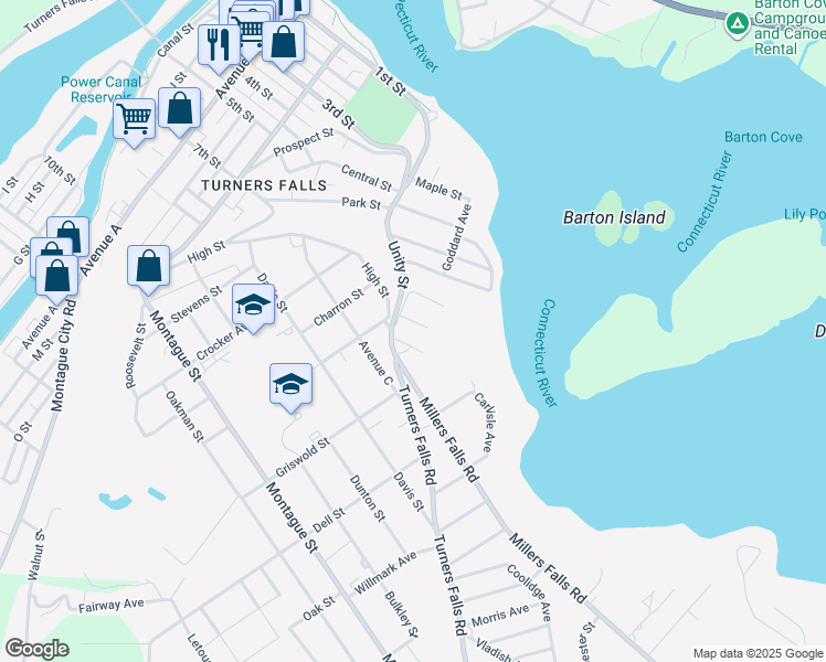 map of restaurants, bars, coffee shops, grocery stores, and more near 6 Wrightson Avenue in Montague