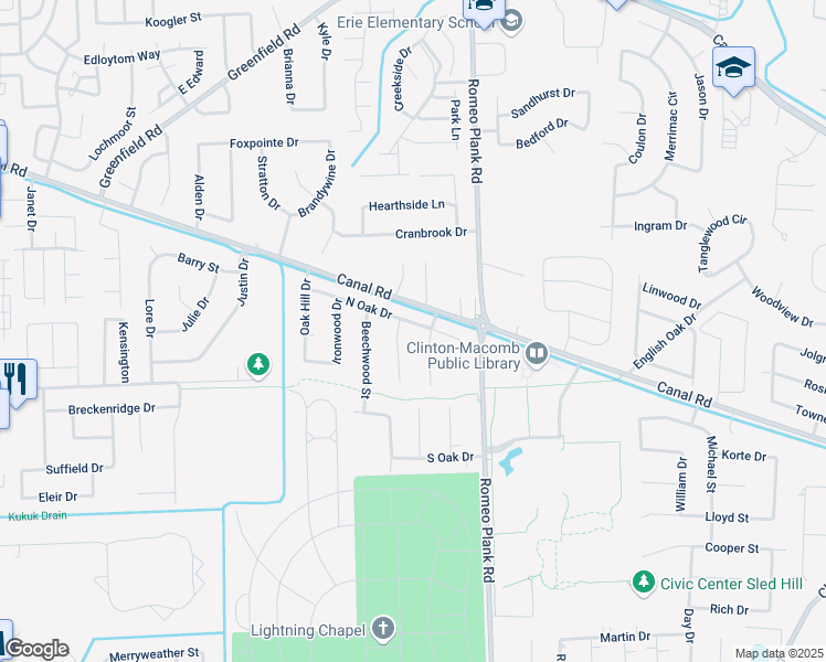 map of restaurants, bars, coffee shops, grocery stores, and more near 18307 North Oak Drive in Clinton Township