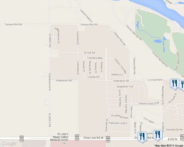 map of restaurants, bars, coffee shops, grocery stores, and more near 2164 Nisqually Street in Twin Falls