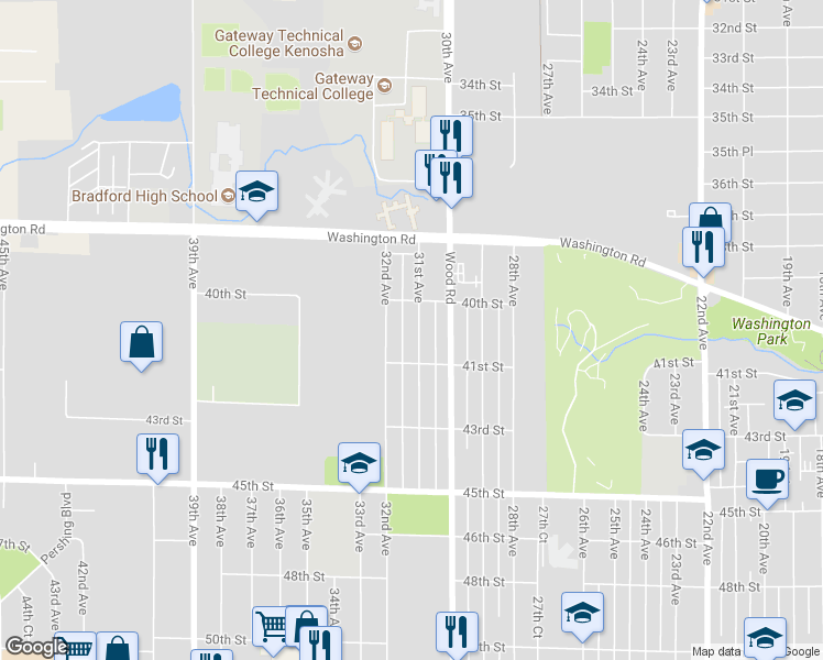 map of restaurants, bars, coffee shops, grocery stores, and more near 4028 31st Avenue in Kenosha