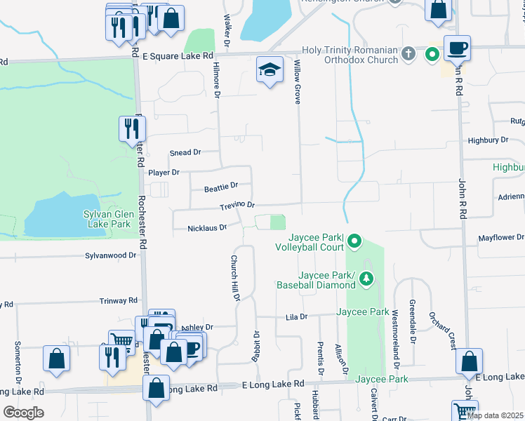 map of restaurants, bars, coffee shops, grocery stores, and more near 1354 Trevino Drive in Troy