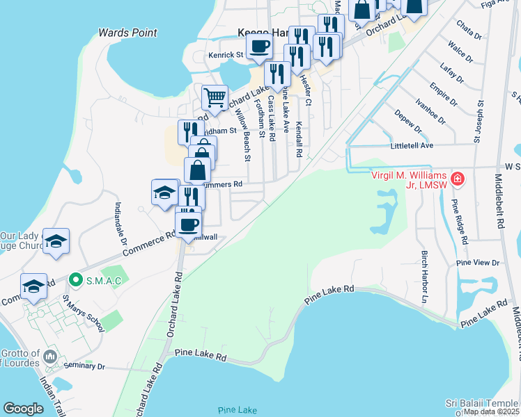 map of restaurants, bars, coffee shops, grocery stores, and more near 2050 Pine Lake Trail in Keego Harbor