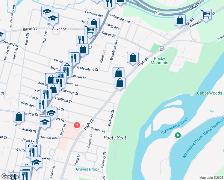 map of restaurants, bars, coffee shops, grocery stores, and more near 265 High Street in Greenfield